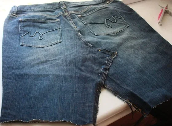 progress photo making  a pair of jeans into a denim skirt