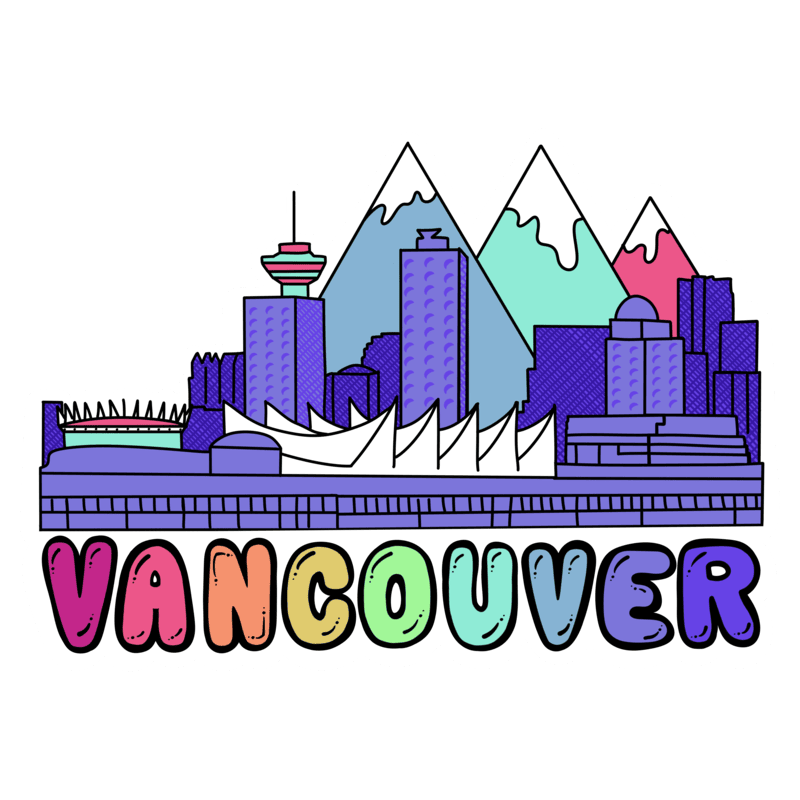 Vancouver skyline with rainbow bubble letters