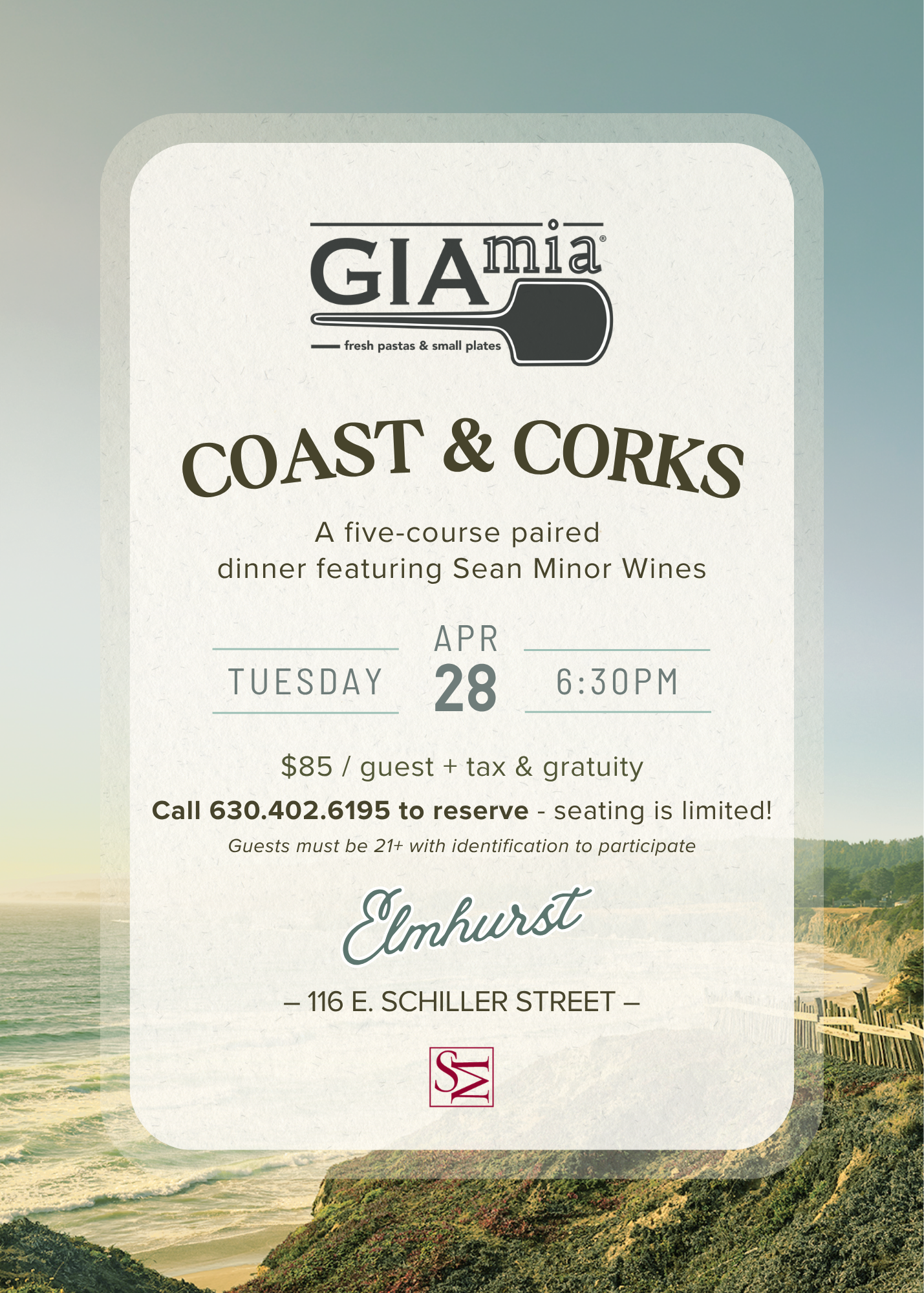 Event flyer advertising a coastal and corks dinner event at Elmhurst on E. Schiller Street, with details about date, time, price, reservation phone number, and featuring Sean Minor Wines.