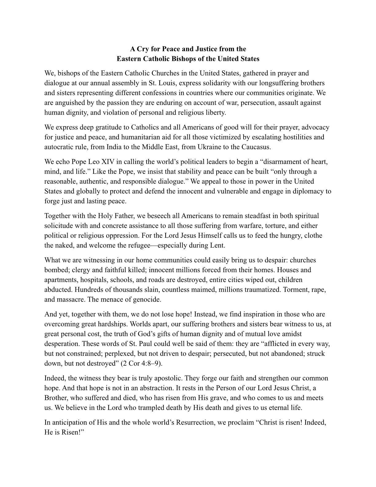 A Cry for Peace and Justice from the Eastern Catholic Bishops of the United States
