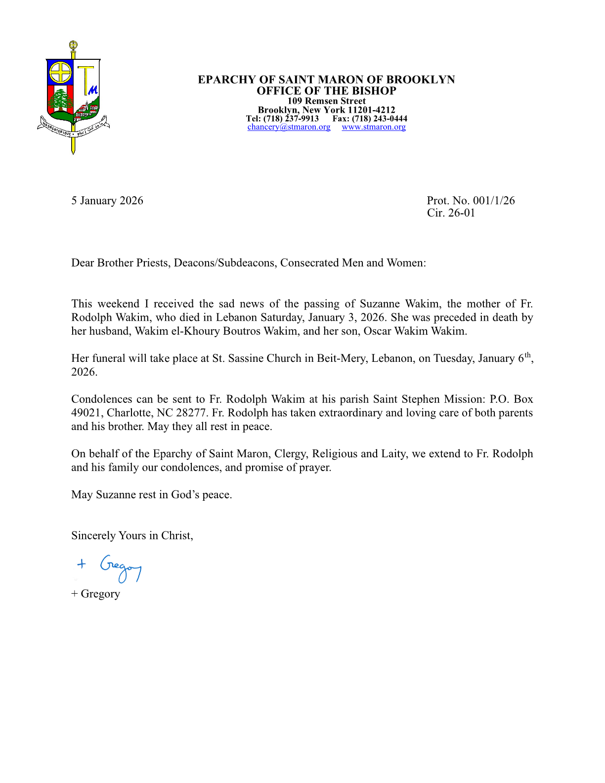 Cir. 26-01 The Passing of Suzanne Wakim, the mother of Fr. Rudolph Wakim