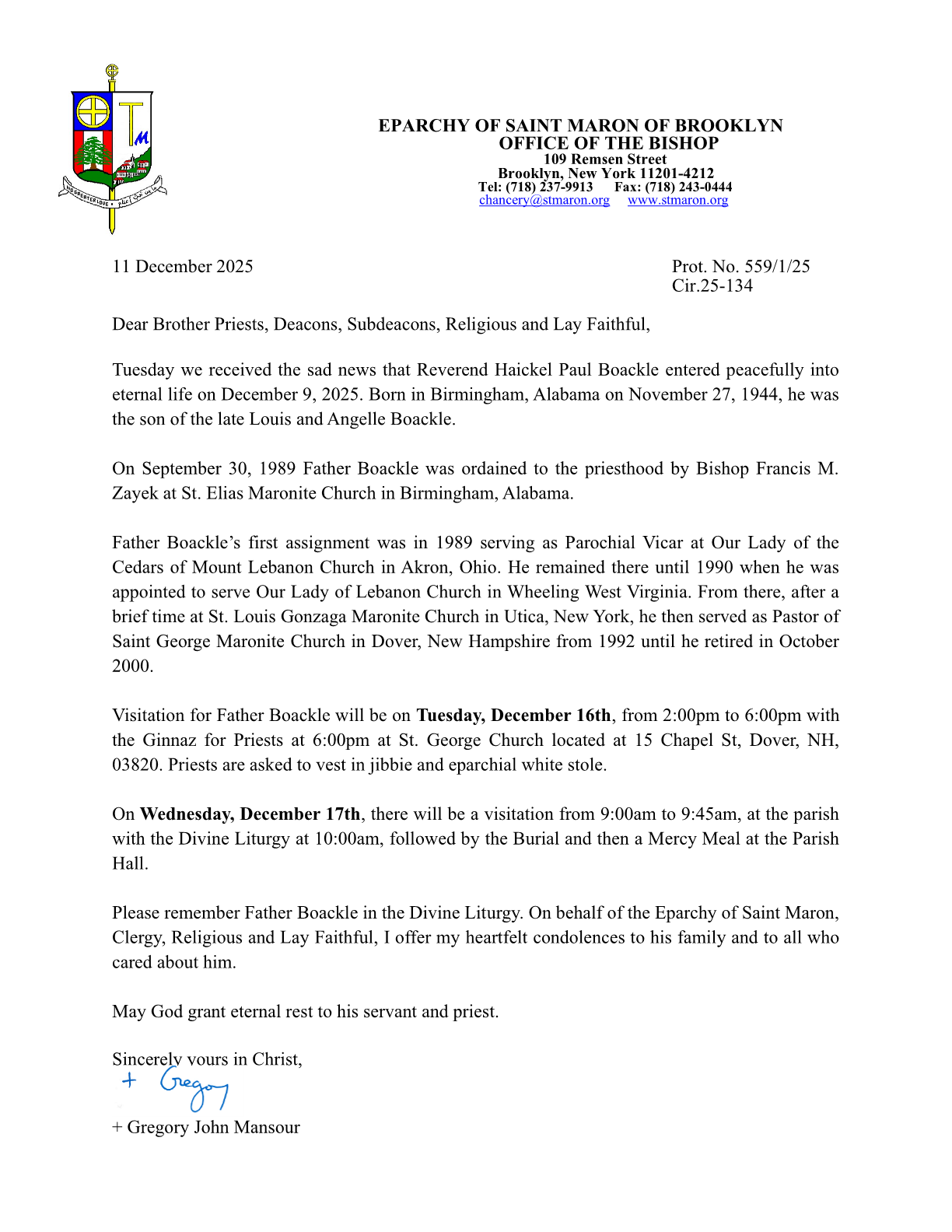 Cir. 25-134 The Passing of Fr. Paul Boackle