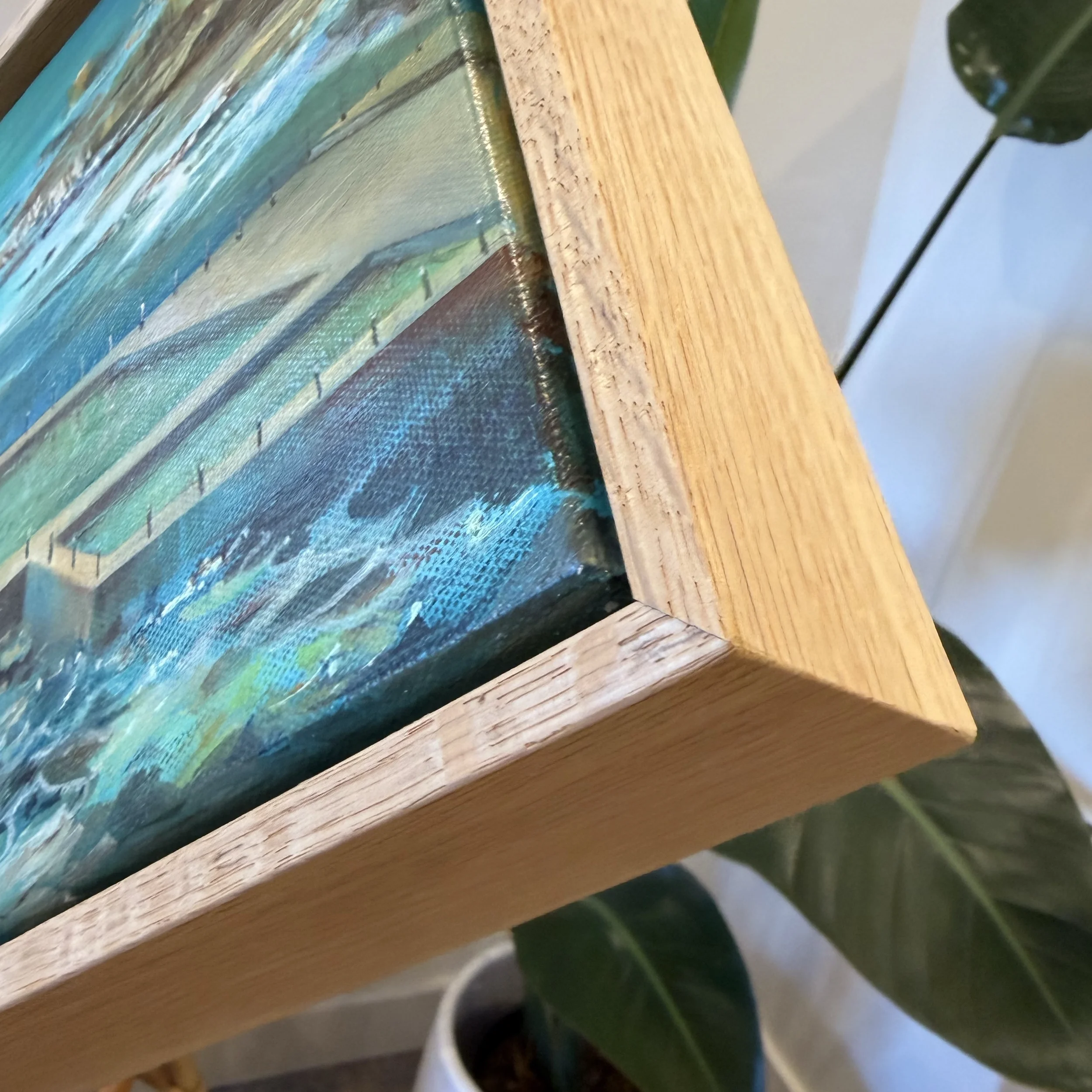 Saltwater Stillness-original oil colour-nikki quarry-oak frame-side.webp
