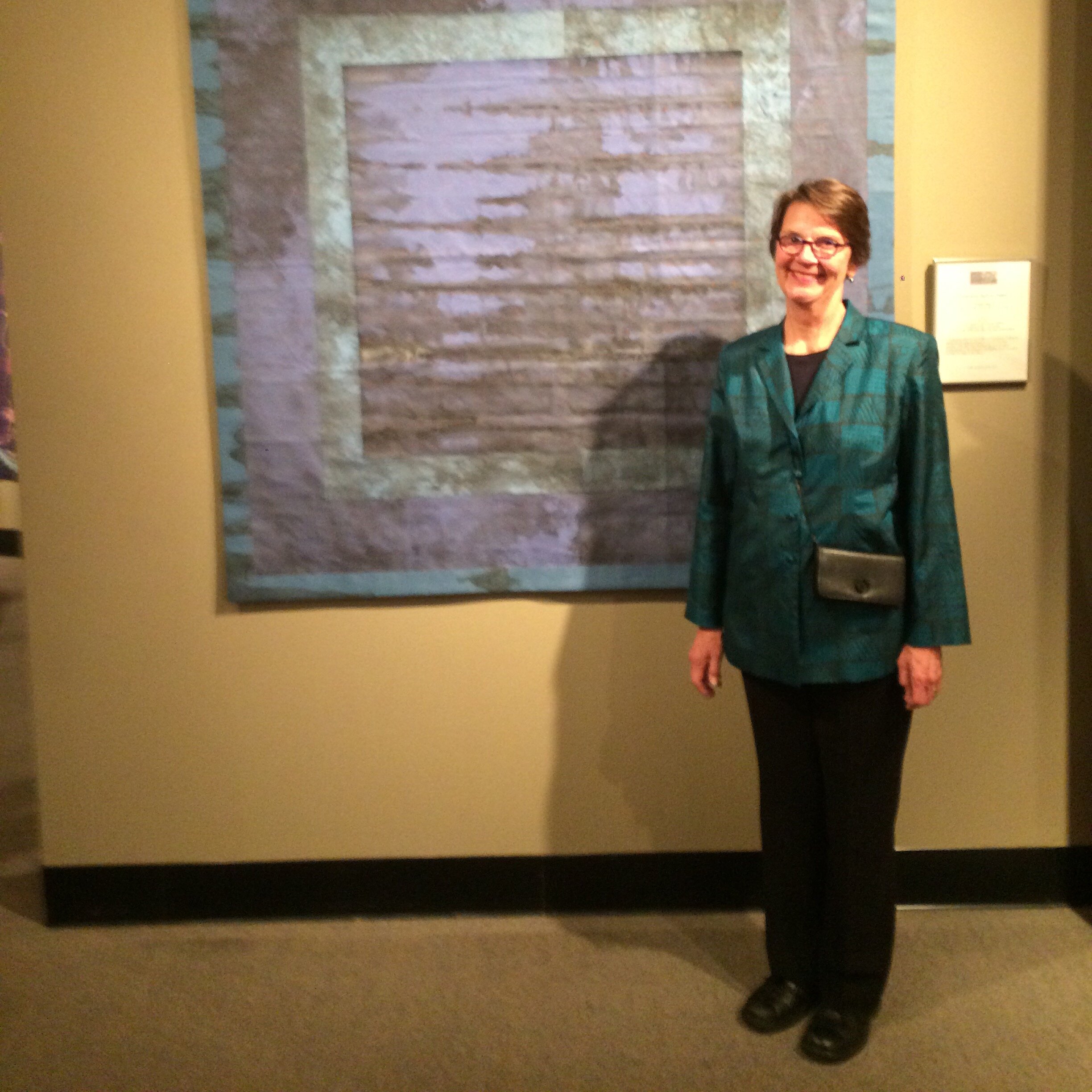 Textile juried is ‘Cremation quilt for Poppa’ made from medical wrapping cloths, dyed &amp; hand stitched.