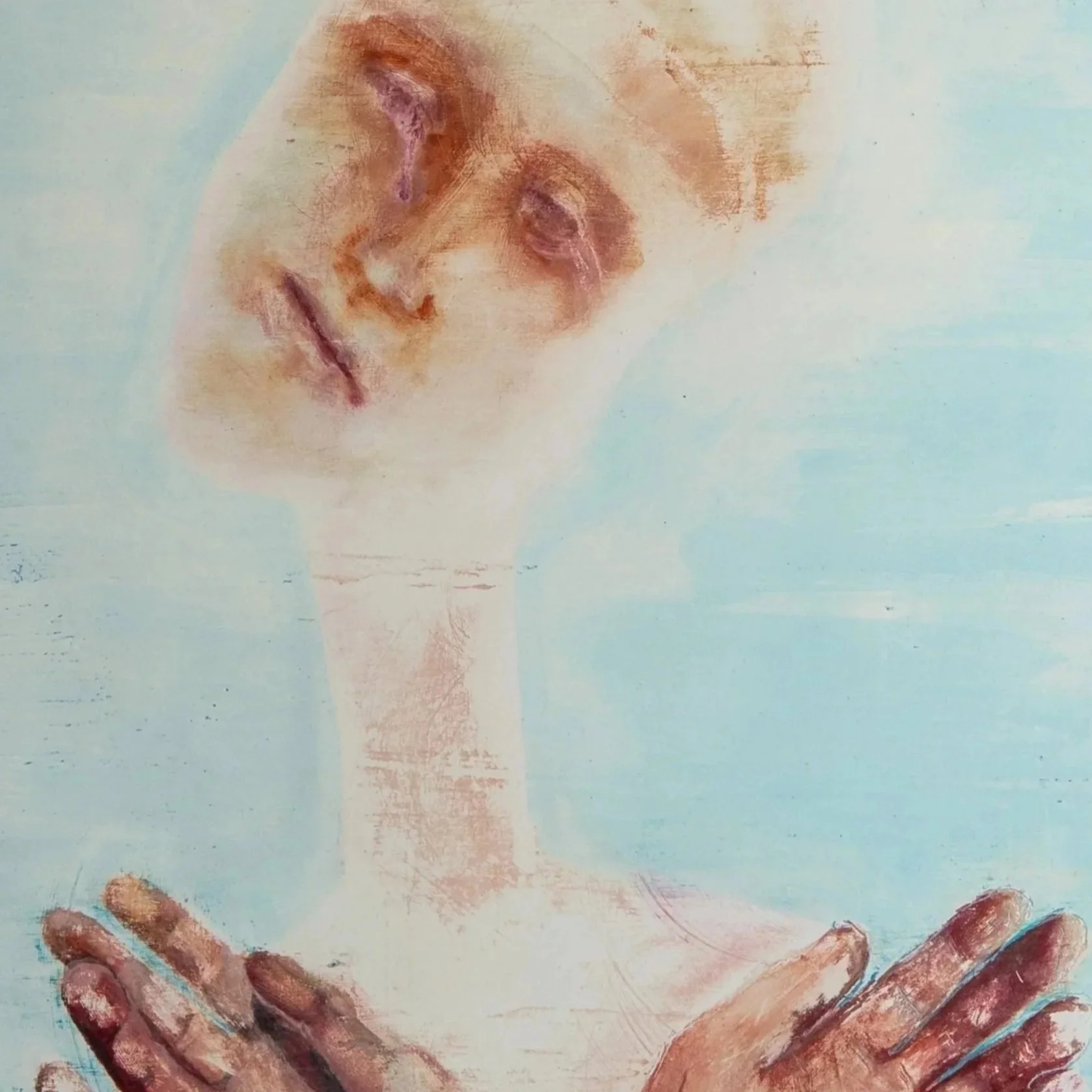 A person with closed eyes and hands pressed together, rendered in an abstract watercolor style with soft colors and gentle brush strokes.