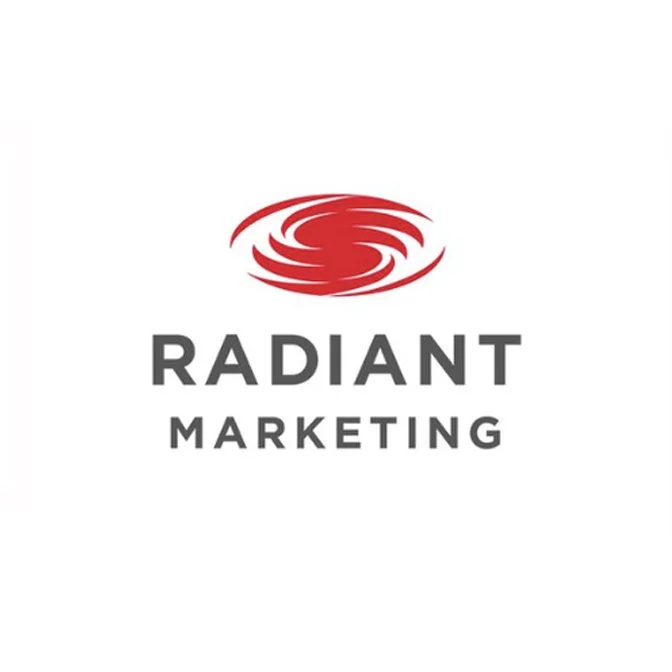 Logo for Radiant Marketing featuring a red swirling graphic above the company name in bold, gray letters.