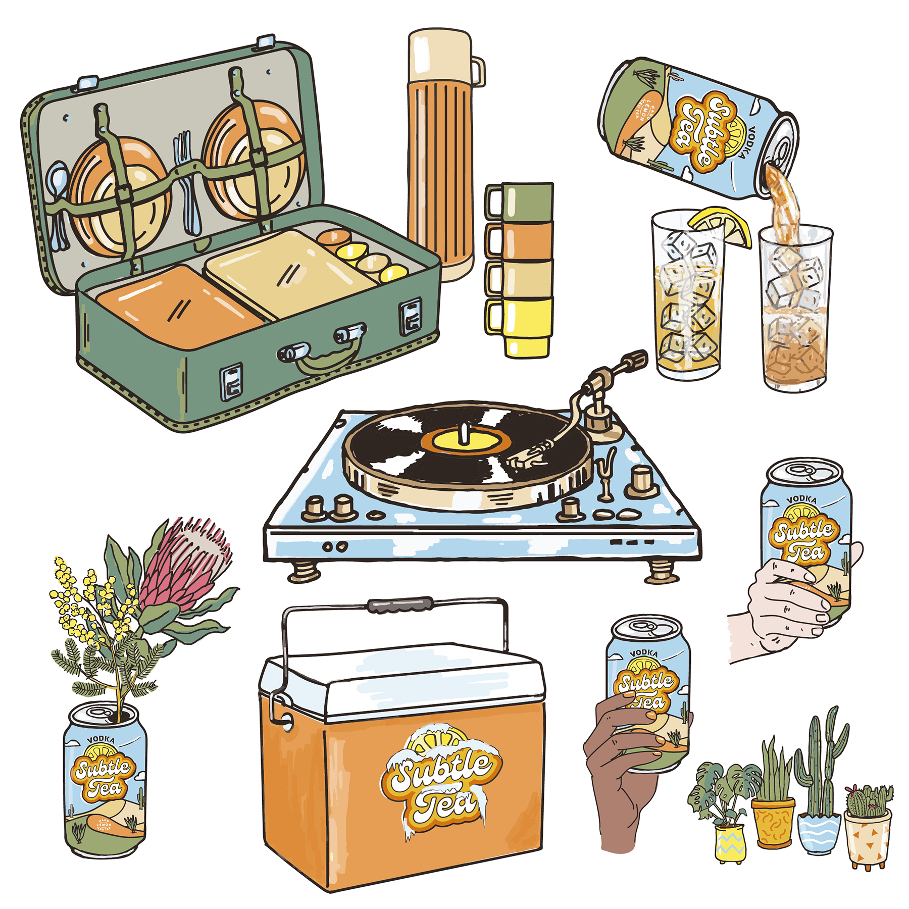 illustrations or record player, drinks, esky and native flowers