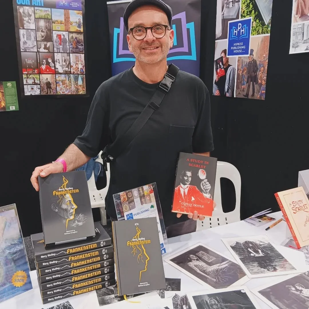 @supanovaexpo in Brisbane with @hipkisspublishinghouse. Left Melbourne this morning in rain and 12c to a beautiful day in Brisvagas of 27c. #illustrators #art #books #frankenstein #sherlock #sherlockholmes #illustration