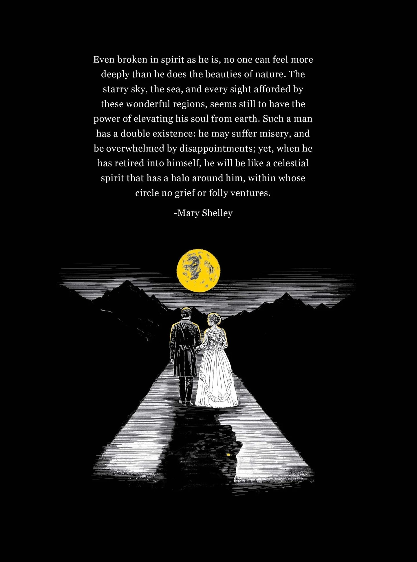 This is the back cover I illustrated for Frankenstein by Mary Shelley. One of my favourite illustrations and quotes from the book. You might notice Frankenstein's monster's face in the moon and also in the shadow. Published by @hipkisspublishinghouse