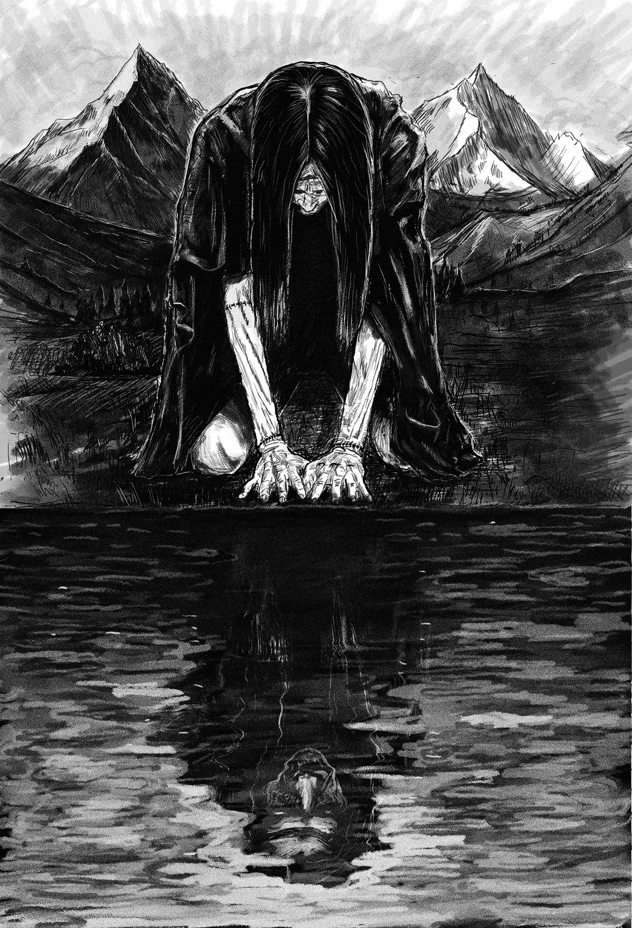 Frankenstein's Monster seeing his reflection