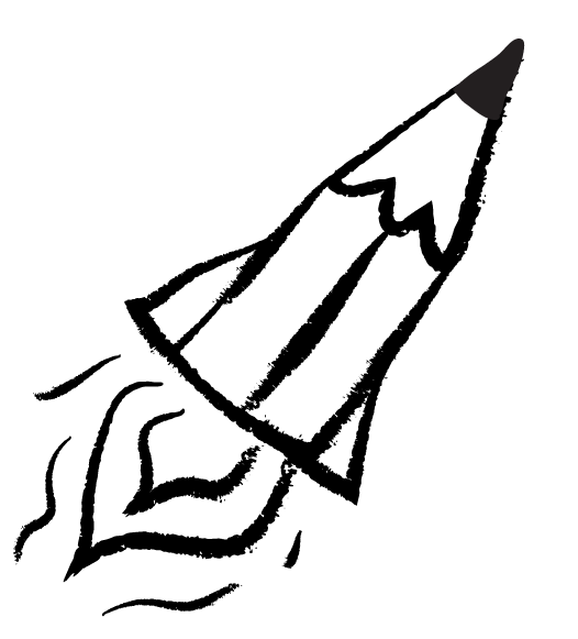 Black-and-white illustration of a pencil taking off like a rocket