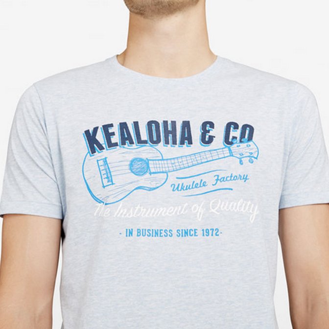 Close-up of a light gray T-shirt with a blue graphic of a ukulele and text indicating a brand and slogan.