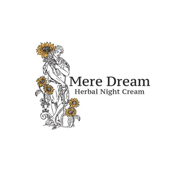 Line drawing of a girl standing surrounded by sunflowers, with text that reads 'Mere Dream Herbal Night Cream'.