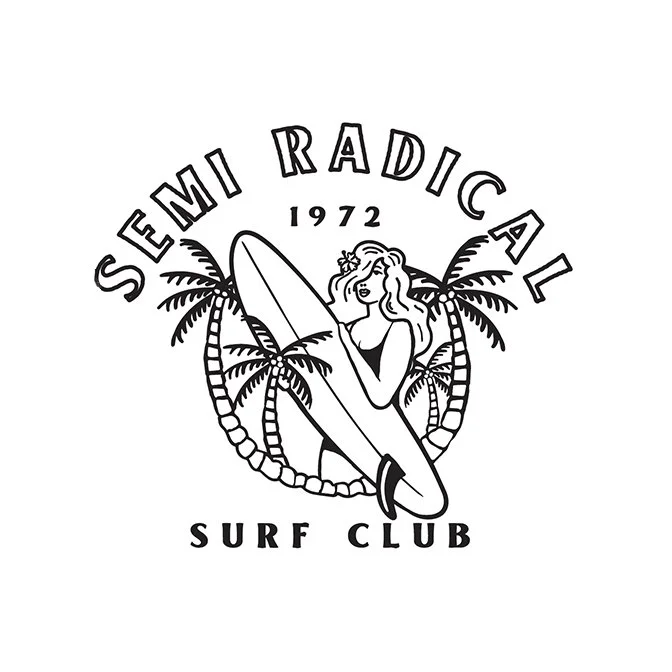 Surf brand logo. Woman with a retro surfboard.
