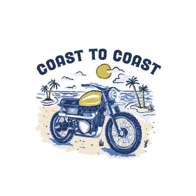 A graphic illustration of a motorcycle with a yellow tank, set on a beach with palm trees, a setting sun, and clouds. The text "Goast to Coast" is displayed above the motorcycle.