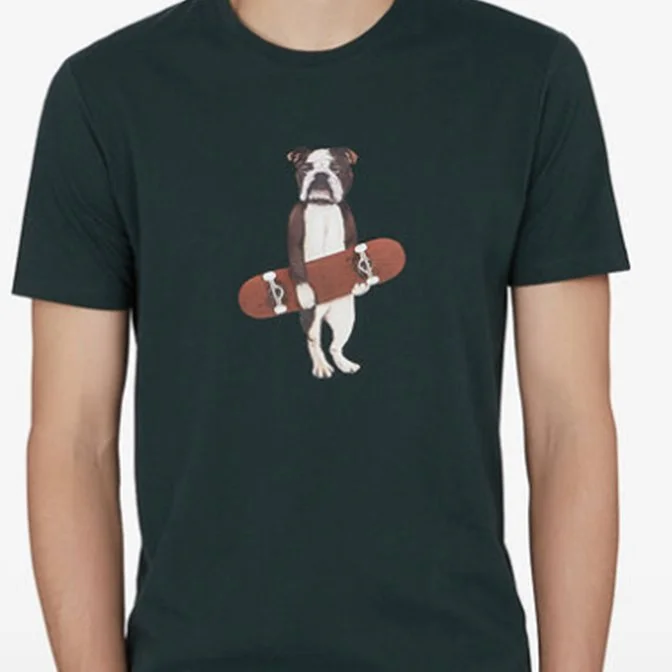 Person wearing a black T-shirt with a graphic of a dog holding a skateboard in its mouth.