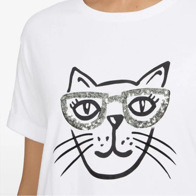 White t-shirt with a black line drawing of a cat wearing glittery glasses.