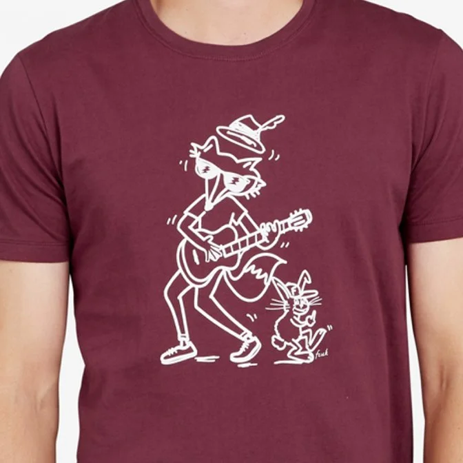 Cartoon drawing of a cat playing guitar, wearing a hat, with a smaller mouse dancing next to it.
