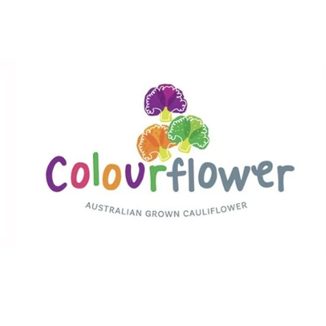 Colorful logo with illustrations of purple, orange, and green cauliflower florets, text reads 'colourflower' with 'Australian Grown Cauliflower' underneath.