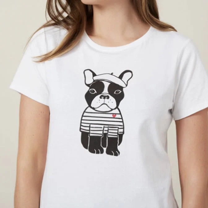 White T-shirt with a cartoon illustration of a French Bulldog wearing a striped shirt, suspenders, and a beret.