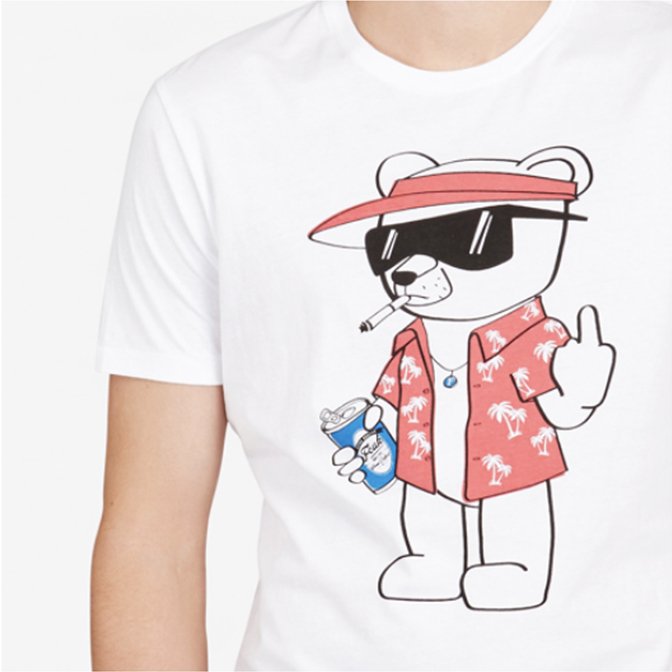 Cartoon bear wearing sunglasses, a red hat, and a red Hawaiian shirt, holding a can and giving a middle finger gesture.