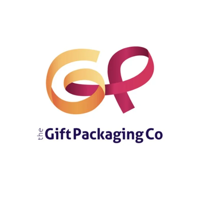 Logo for the Gift Packaging Co with stylized letter G and P in orange and pink ribbon design.