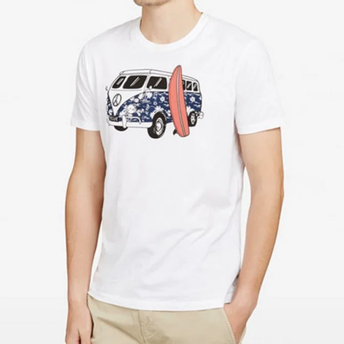 A white T-shirt featuring a graphic of a blue and white floral van with a pink surfboard standing next to it.