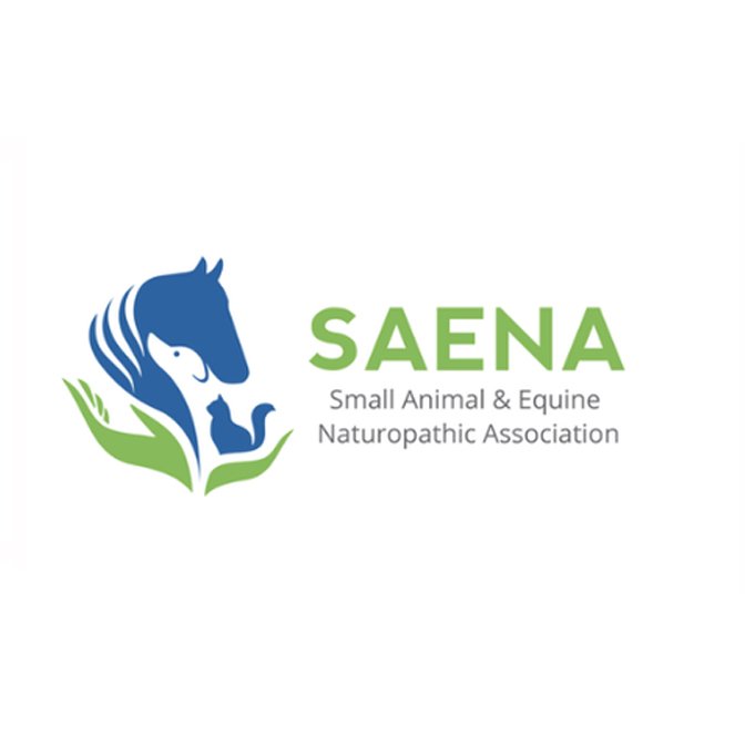 Logo of SAENA, Small Animal & Equine Naturopathic Association, featuring a stylized horse, cat, and dog within green leaves.