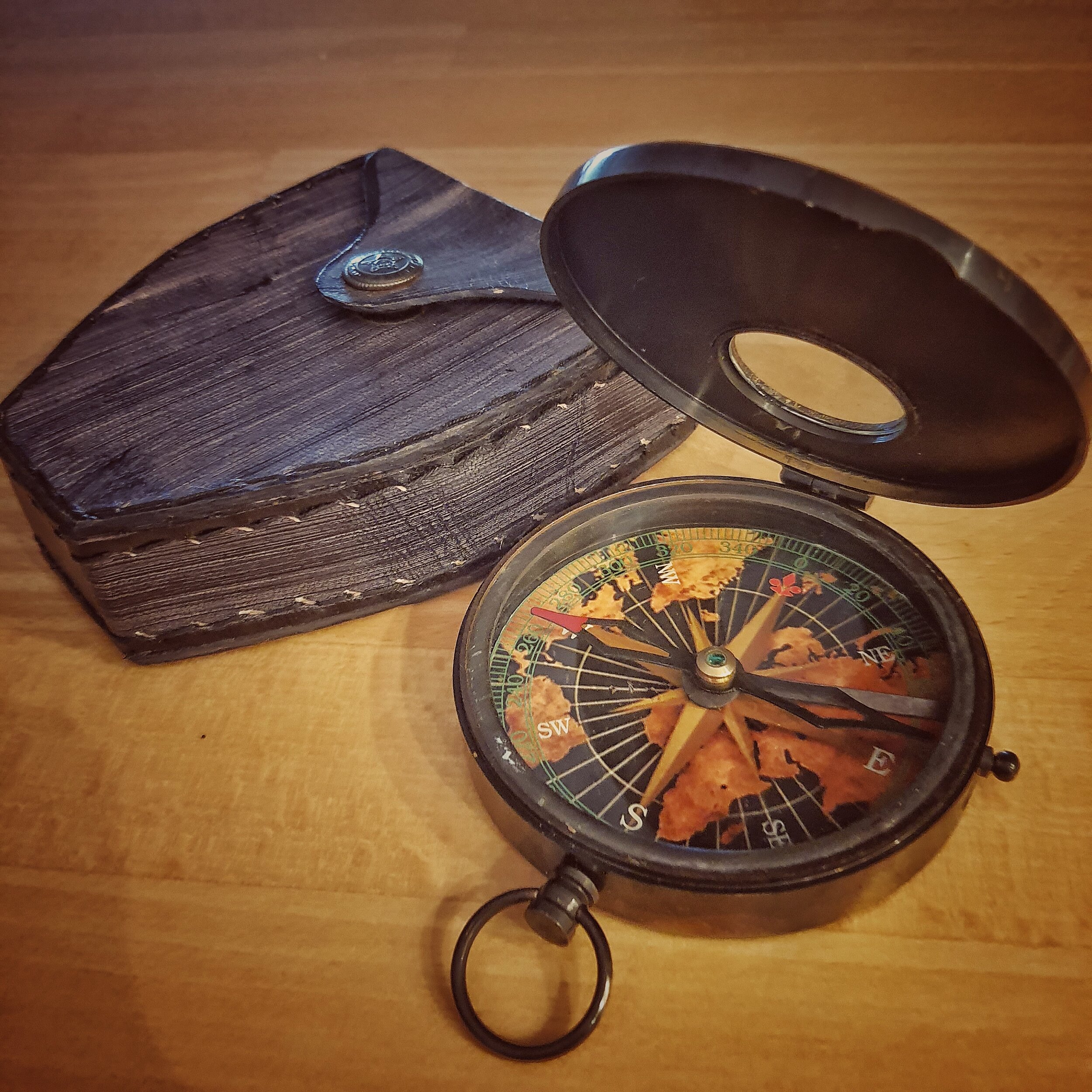 Brass Compass Black Leather Case Dollond London Flat Pocket Survival Compass 