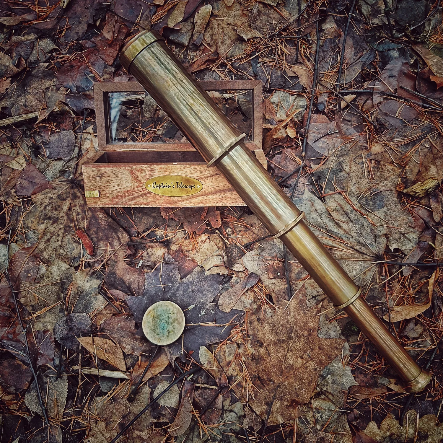 Engraved Telescope Spyglass in Wooden Box