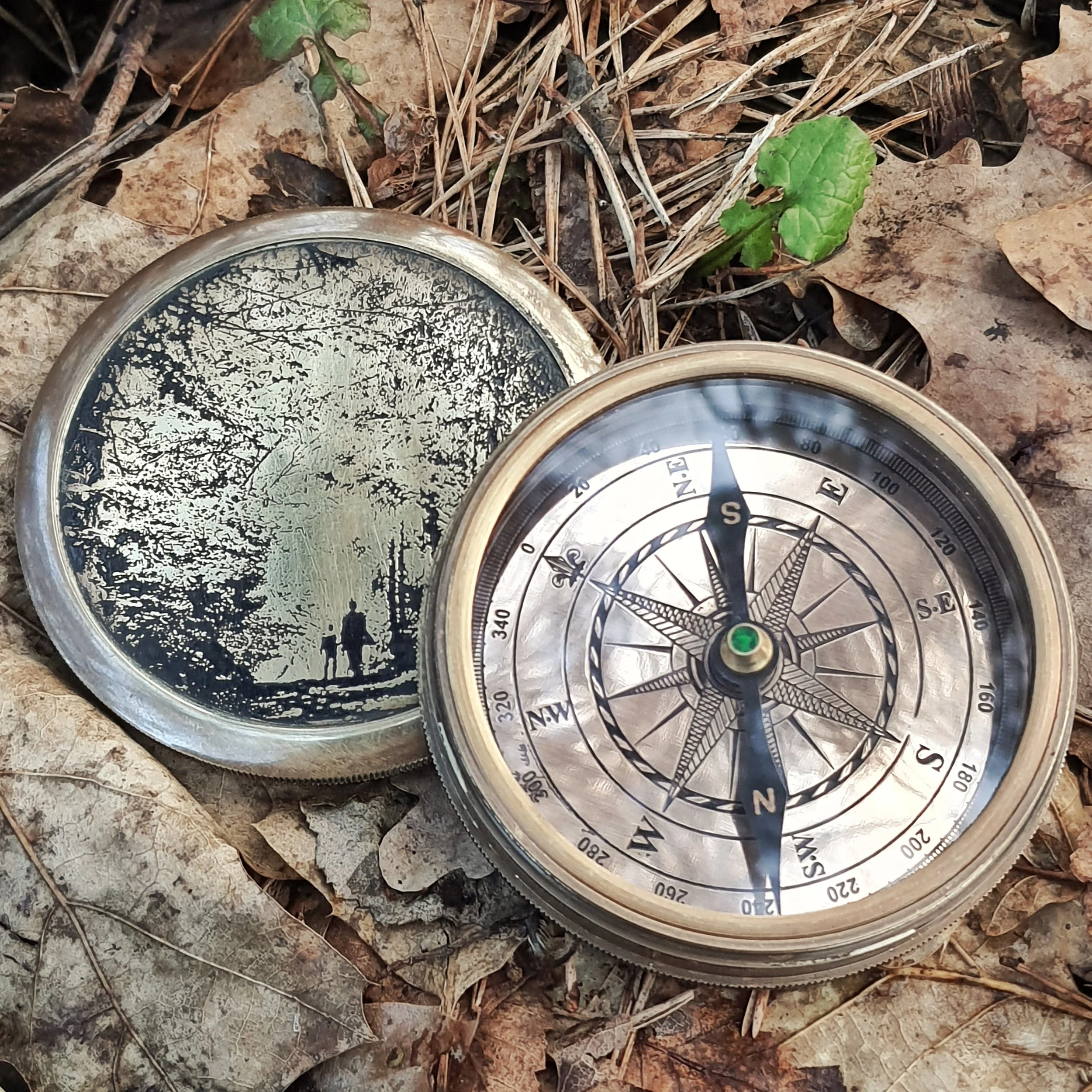 Safe Journey Brass Compass Walt Whitman quote with Wooden Box or Leather case