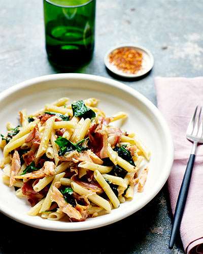 Penne with trout and pancetta