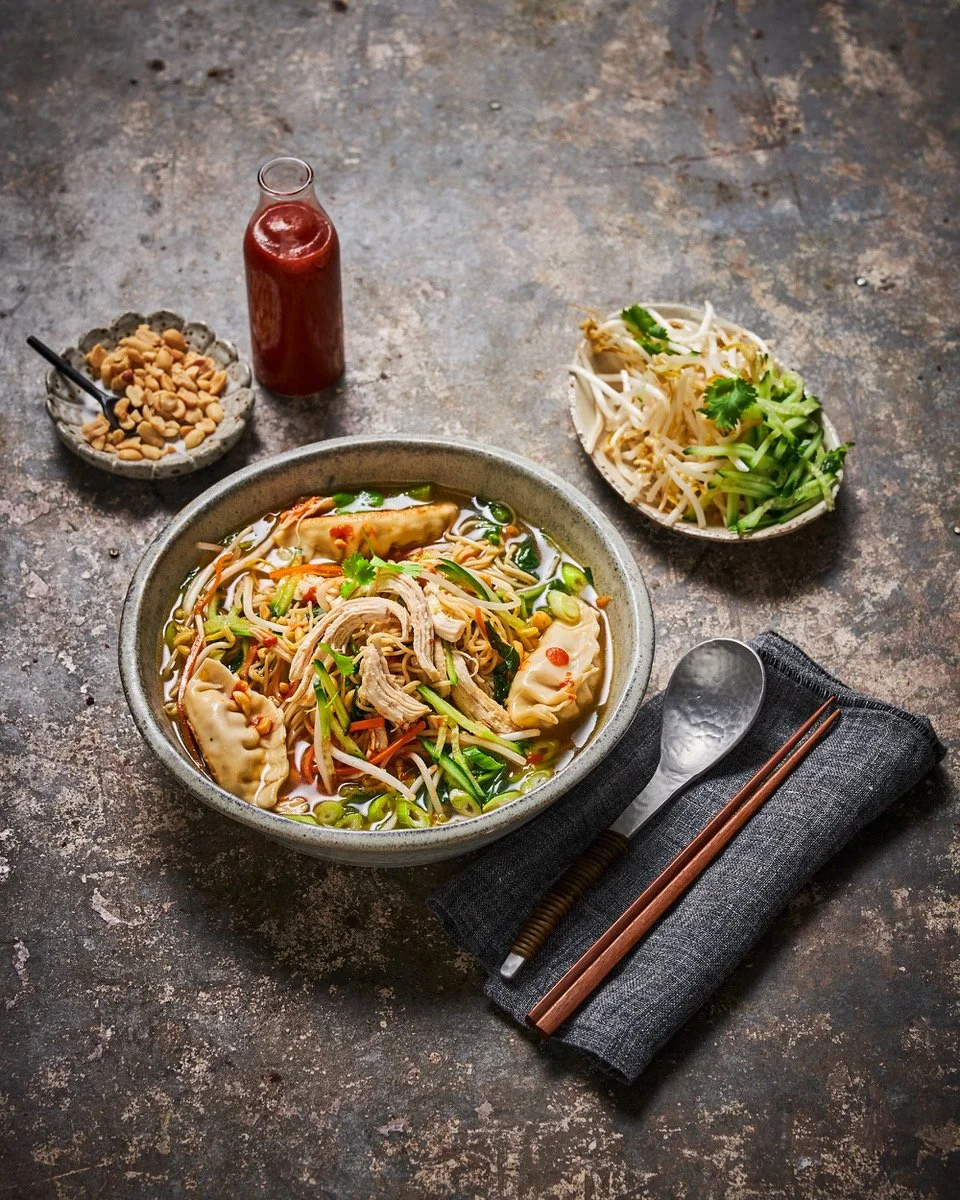 Asian Chicken Noodle Soup with dumplings