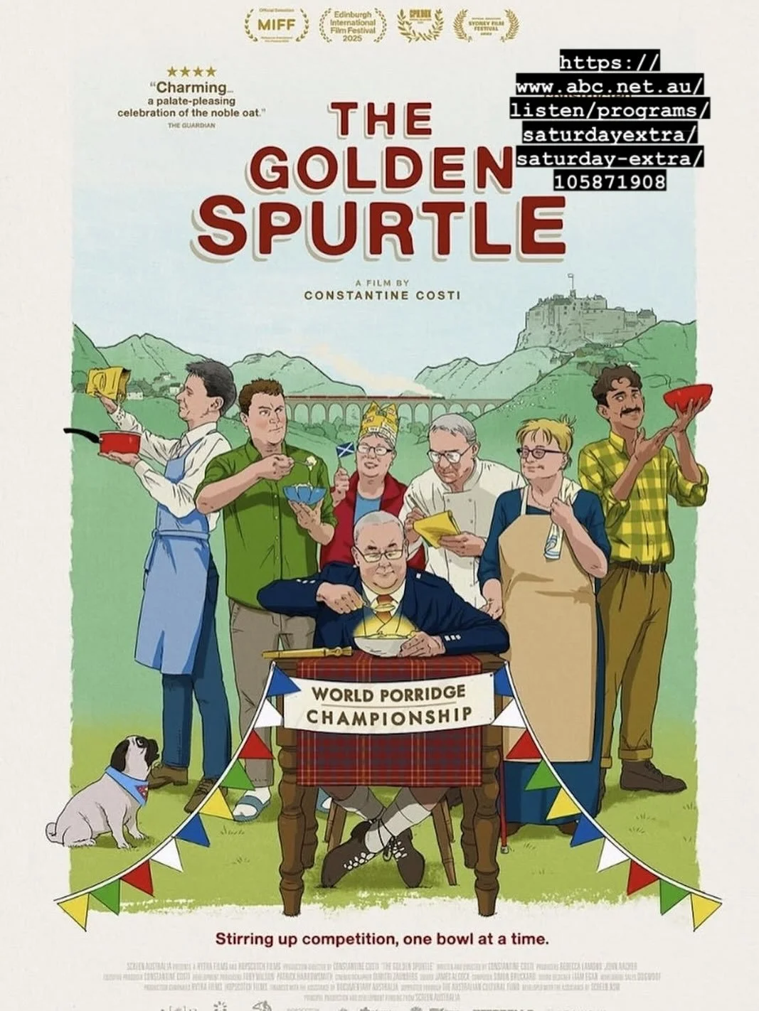https://www.abc.net.au/listen/programs/saturdayextra/saturday-extra/105871908  To listen to me chat about the film and the competition on Radio National this morning with Nick Bryant! #goldenspurtle #worldporridgechampionships