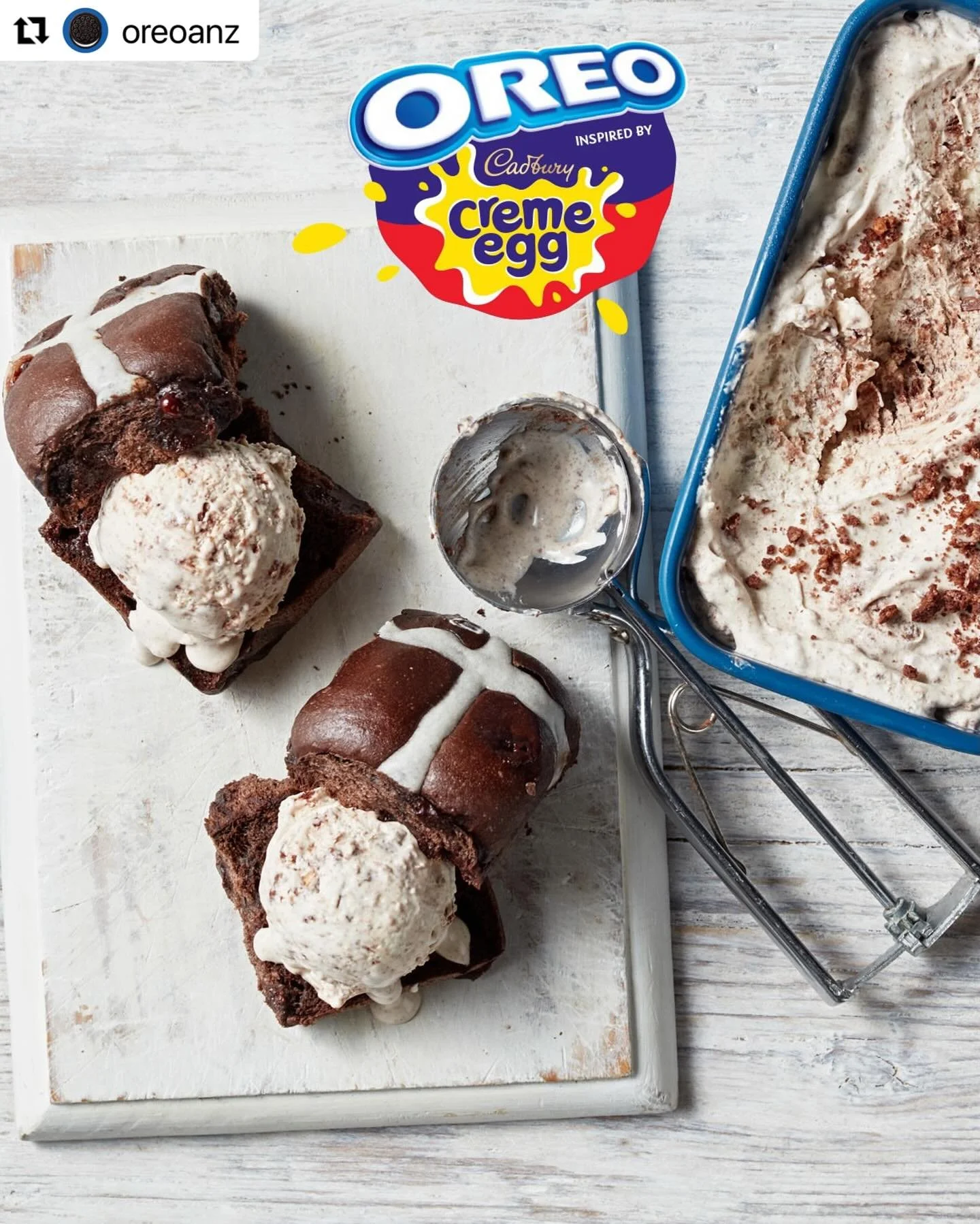 Recent work for Oreo. Super easy Oreo ice cream sandwiched between chocolate hot cross buns! #cremeeggicecream #oreoicecream #foodstyling #recipedevelopment