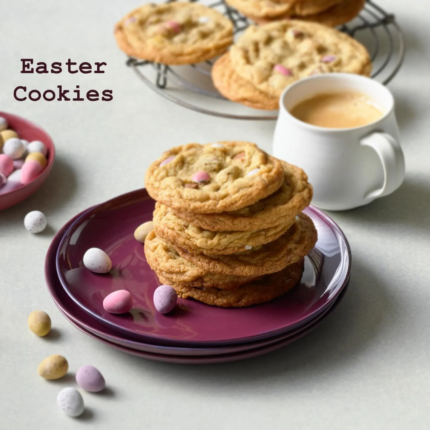 Make your favourite chocolate chip cookies with an easy Easter twist. Perfect with a cuppa. Fun, family baking activity. #cadburyminieggs #cadburyminieggcookies #foodstyling #recipeinspo