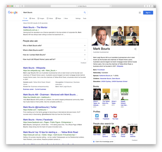 Mark Bouris’  search results are a great example of building and maintaining a strong online reputation.