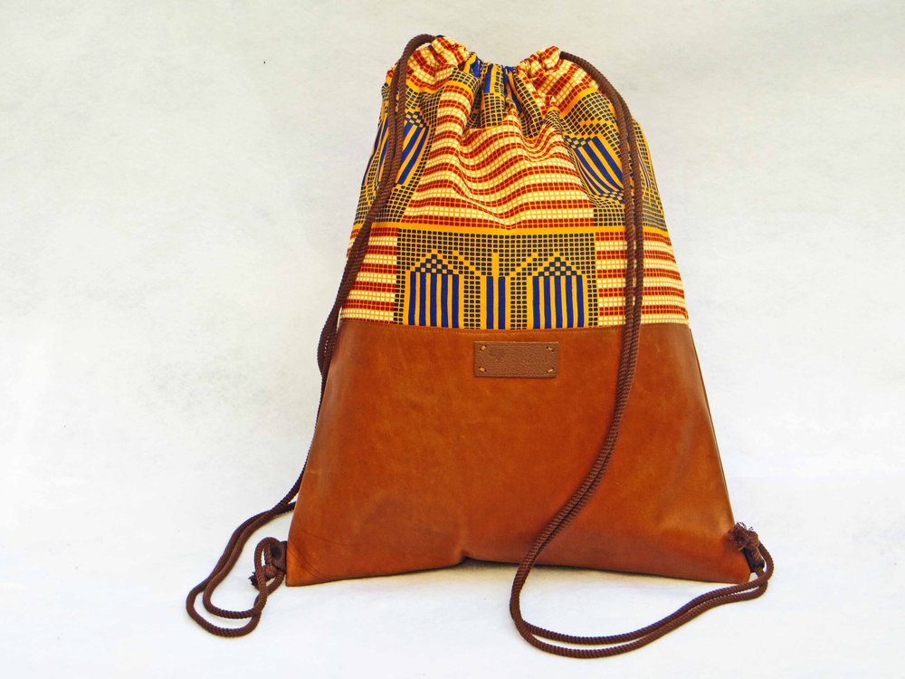 Drawstring Backpack - Ankara Leather — Tribal Traces display picture 3