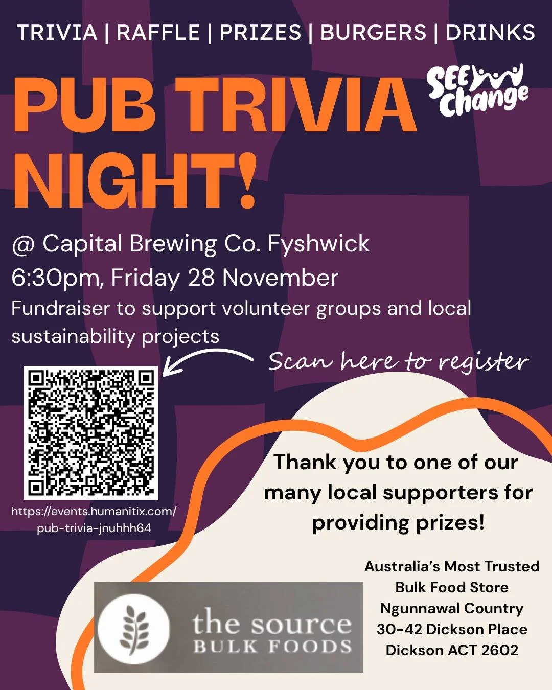Rally your mates for Pub Trivia, great prizes donated by local business'.
All proceeds go to SEE Change, helping us run projects and events that empower Canberrans to create a more sustainable region.
Grab a ticket through the link in our bio.