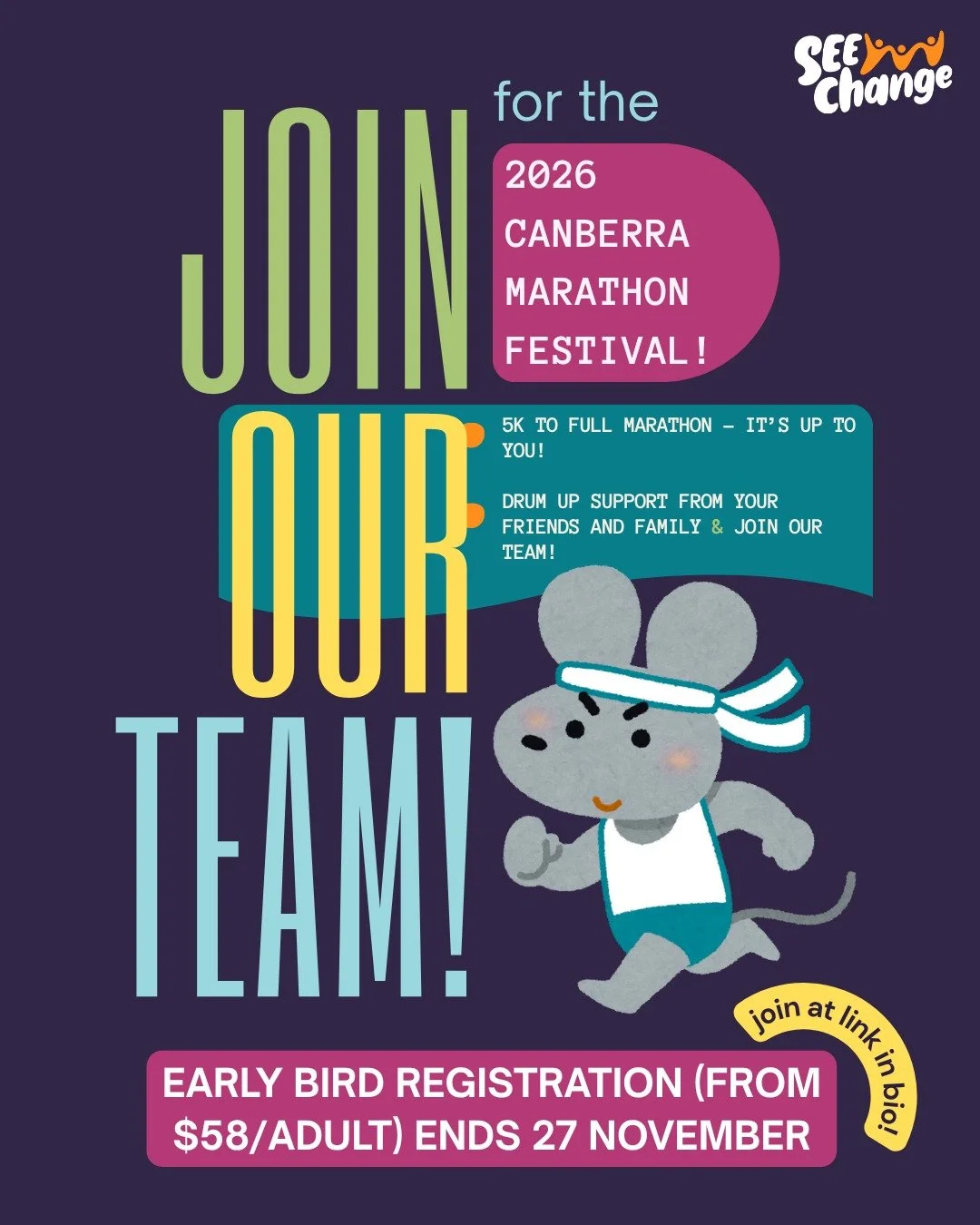 📣 We want you on our team! In April 2026 SEE Change will be taking part in the Canberra Marathon Festival. Runners can sign up to the SEE Change team to raise funds; all funds raised by our team will go back into our work supporting practical sustai