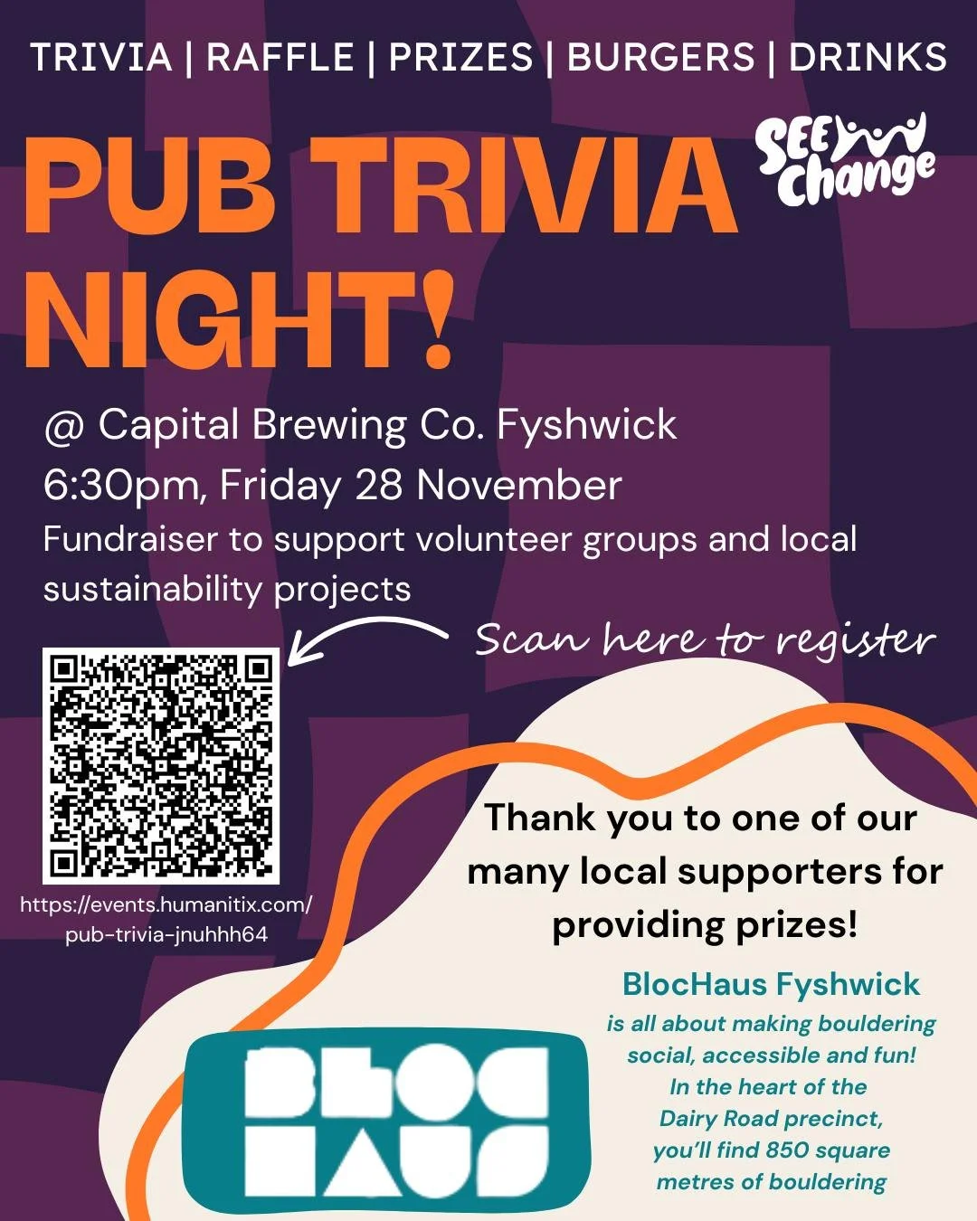 Thank you to Blochaus for donating climbing vouchers to the SEE Change Trivia night.
Limited spots left so get your tickets now
✨ Test your knowledge
🎟 Win local goodies, artworks + vouchers
🍻 Enjoy dinner &amp; drinks
💚 Support sustainability in 