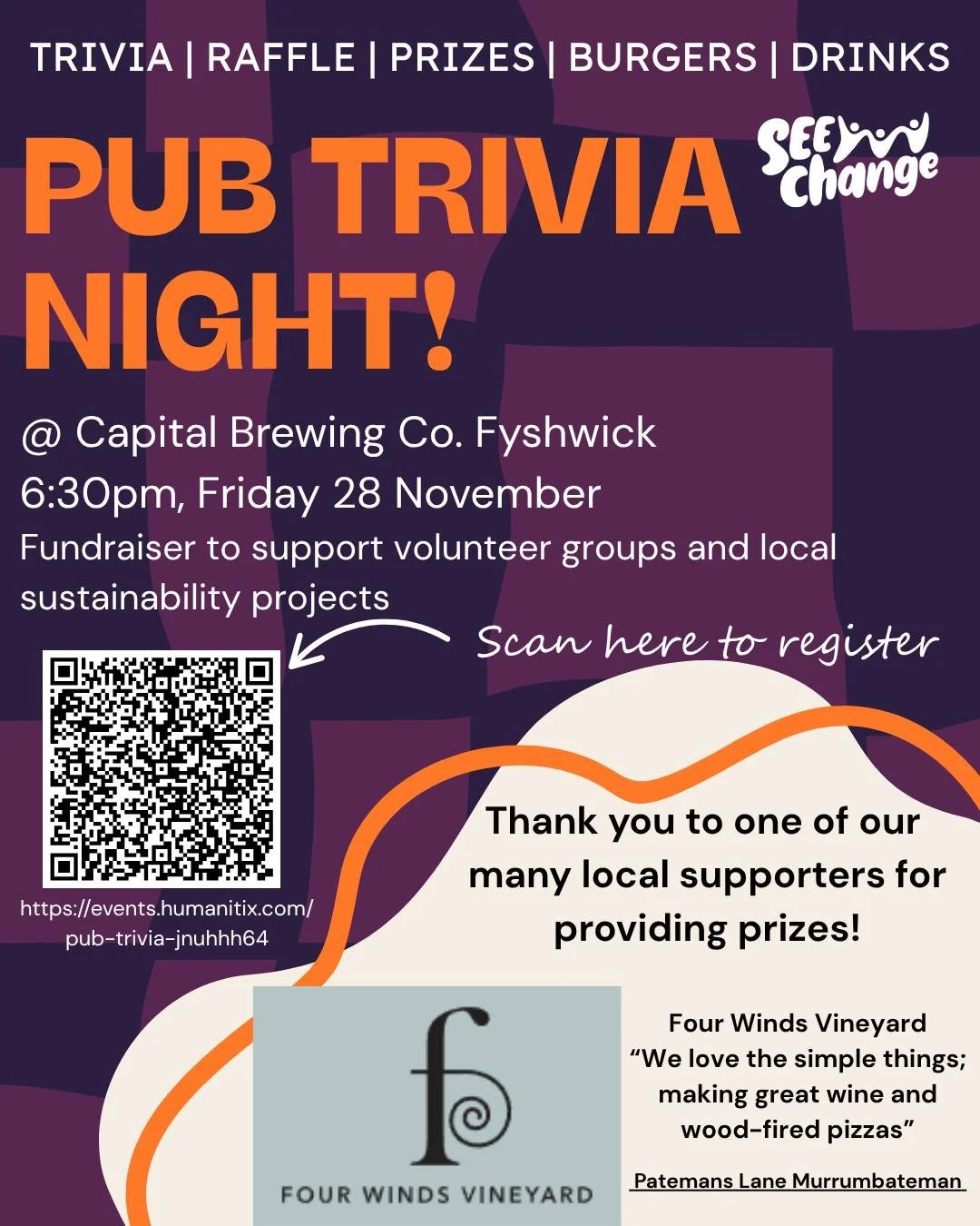 Rally your mates for Pub Trivia, great prizes donated by local business'.
All proceeds go to SEE Change, helping us run projects and events that empower Canberrans to create a more sustainable region.
Grab a ticket through the link in our bio.