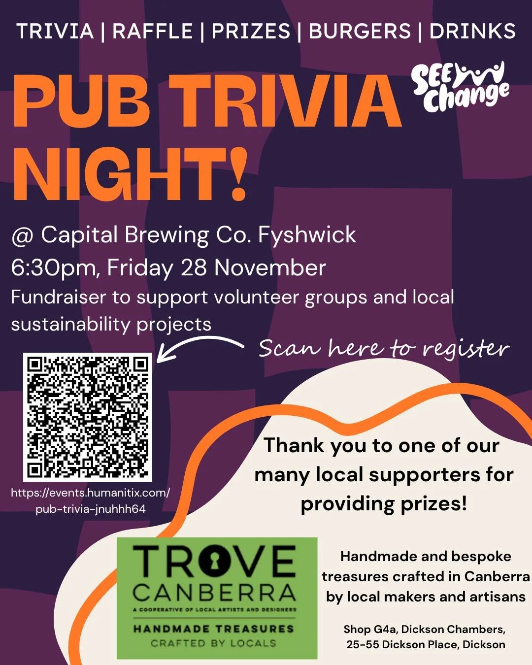 Rally your mates for Pub Trivia, great prizes donated by local business'.
All proceeds go to SEE Change, helping us run projects and events that empower Canberrans to create a more sustainable region.
Grab a ticket through the link in our bio.