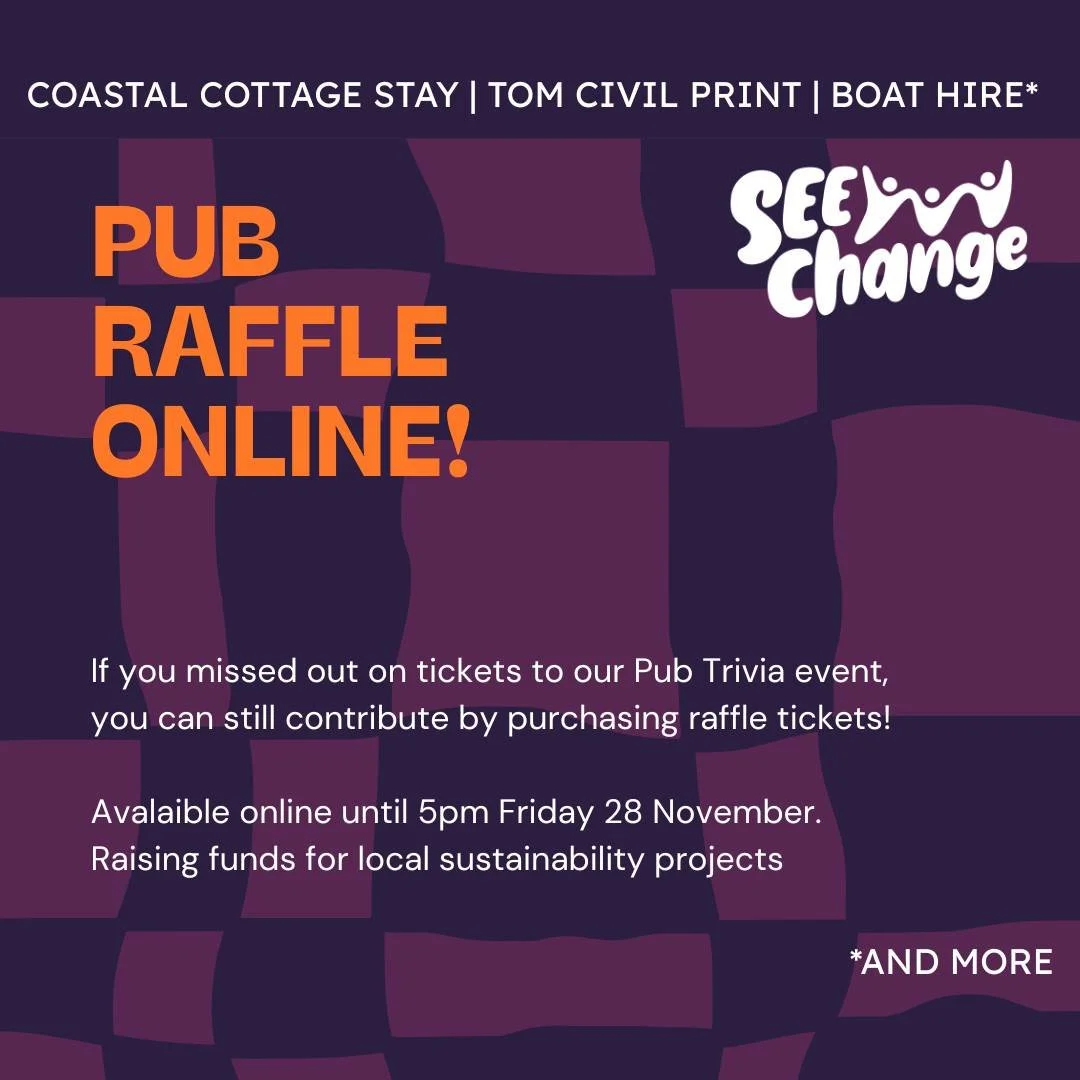 If you missed out on tickets to our pub trivia event next week, you can still contribute by purchasing raffle tickets. 
Prizes include:
🌿 Two nights in a South Durras cottage 
🌿 An original Tom Civil print
🌿 Two hours' of expert attendance by loca