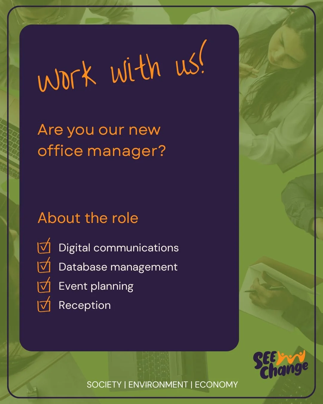 Are you our new Office Manager? Ours is a small team, doing rewarding work to increase local sustainability. And we have fun. Join us!
Applications close 30 January 2026. All details here: https://www.ethicaljobs.com.au/.../SEEChange/office-manager