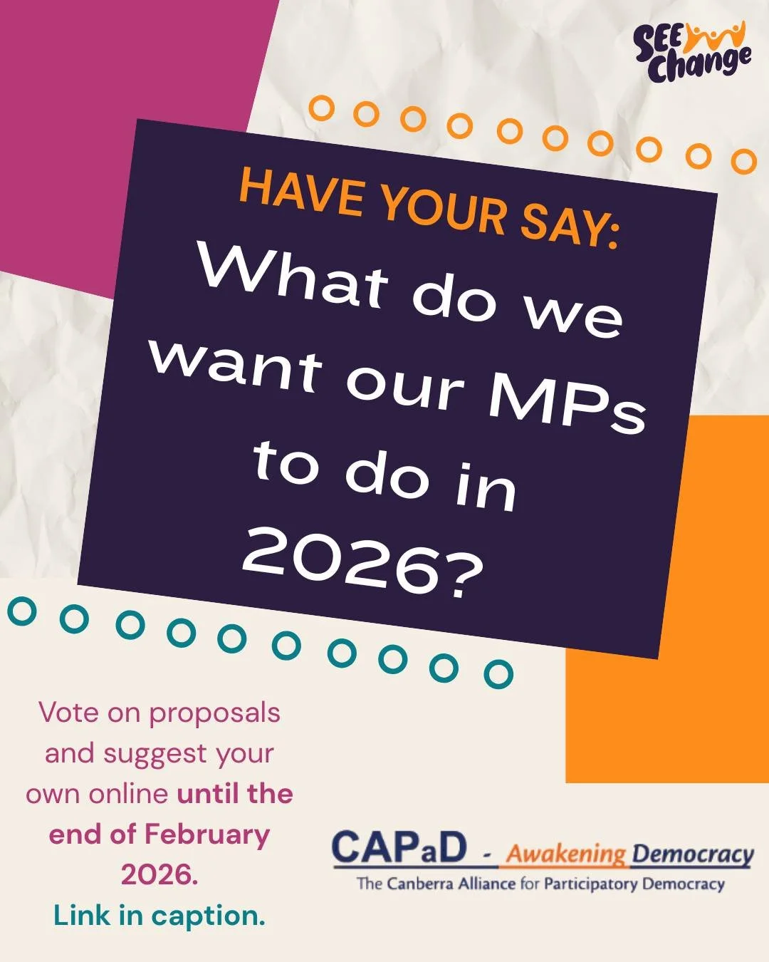What do we want our MPs to do in 2026? The Canberra Alliance for Participatory Democracy (CAPaD) is offering the chance to have this conversation. 

First, from now to the end February, vote on proposals and suggest your own online until the end of F