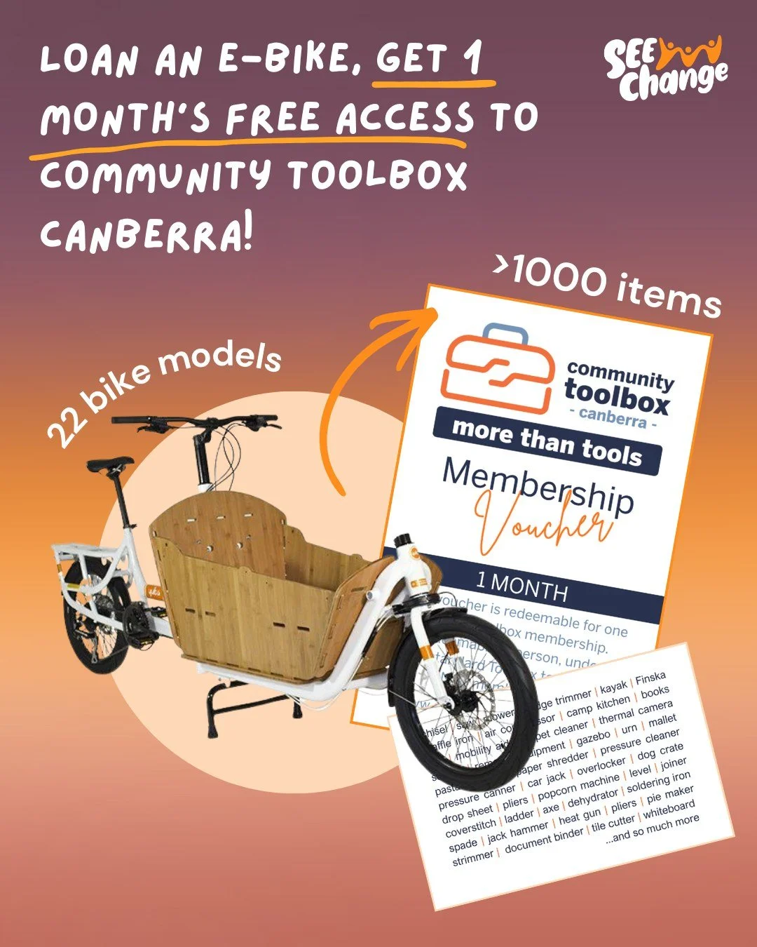As if trying out 22 e-bike models for free wasn't fabulous enough on its own, you can now access the Community Toolbox's >1000 item treasure chest for 1 MONTH FREE with any e-bike loan! 

New members only&mdash;if you've tried the Toolbox before, 