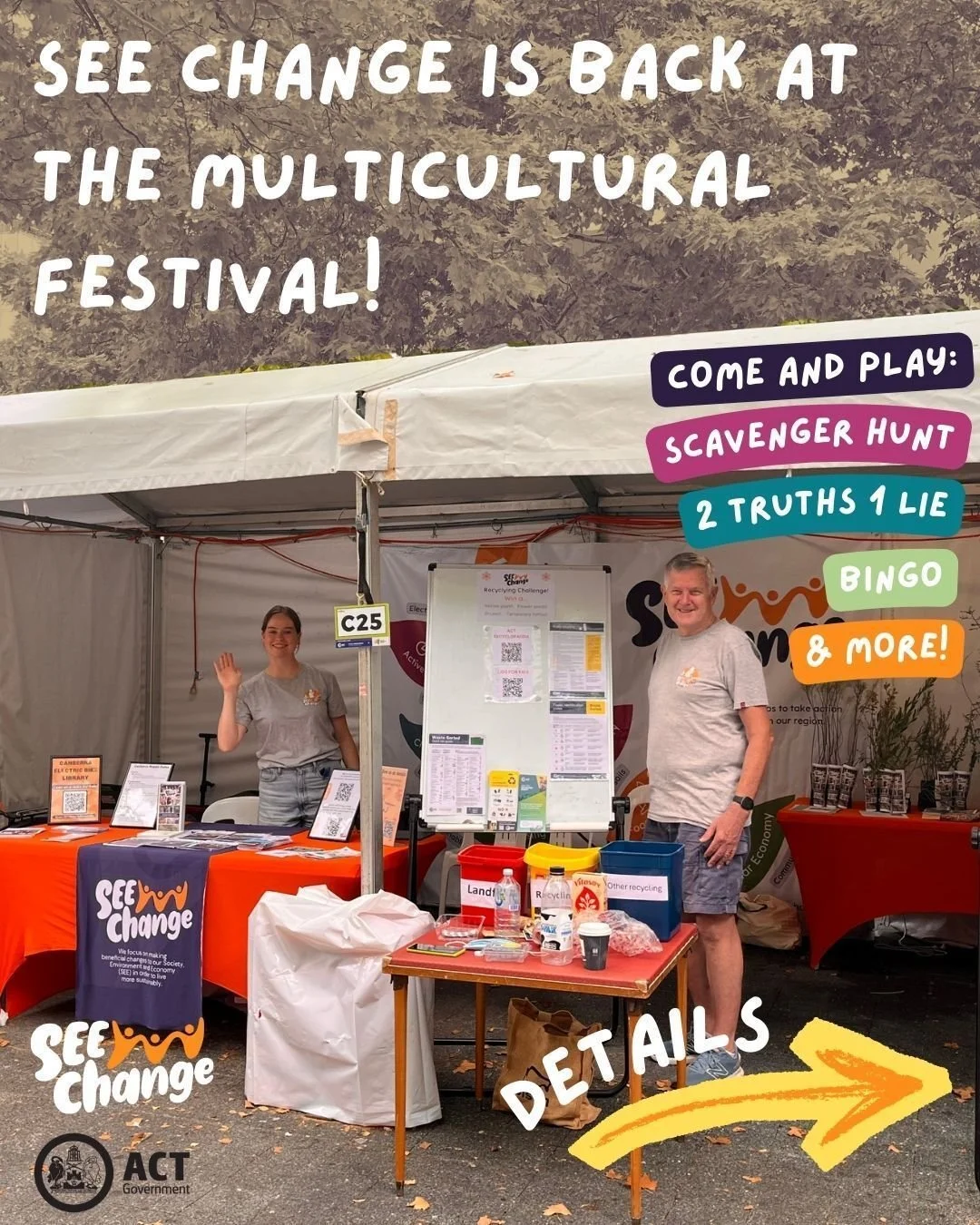 BINGO ✌ 2 TRUTHS 1 LIE 🧐 SCAVENGER HUNT📌 How well do you know sustainability? Come and see this Sunday: all will be awaiting you at SEE Change's Multicultural Festival Stall! Find us at stall F44, sheltered in the southern shade of Glebe Park 😇

T