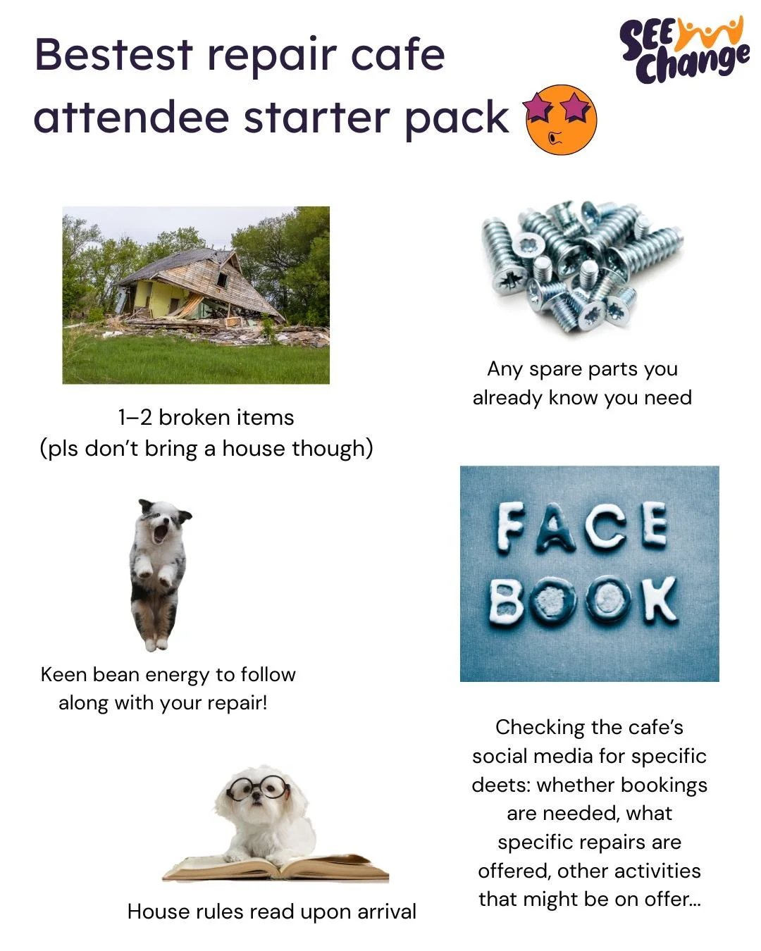 As all repair cafes launch back into operations this month, please be the bestest repair cafe attendee there ever was by assembling these handy 'parts' that make your visit smooth for you and our volunteers! 

We've got 4 repair cafes still to come i