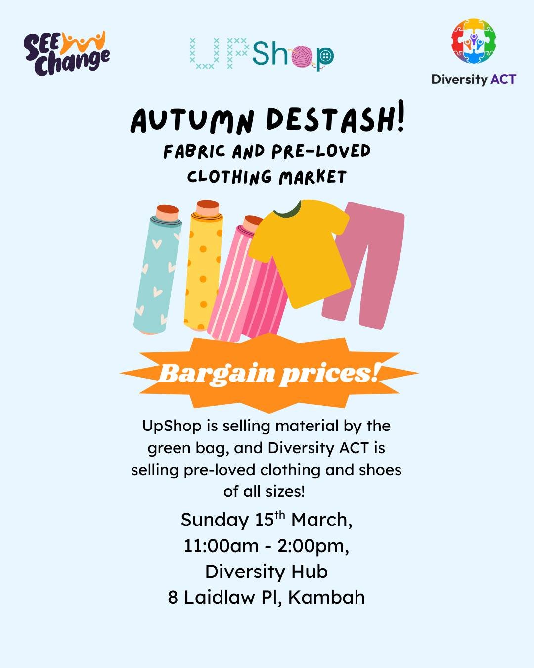 Sustainability doesn't just save materials; so often it is also the better financial option. That's certainly the case for @upshop_act and Diversity ACT's upcoming Autumn Destash market on 15 March! Find fabric, pre-loved clothing, and shoes&mdash;al